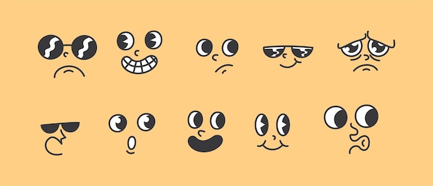 Vector set of unique cartoon face expressions with different emotions