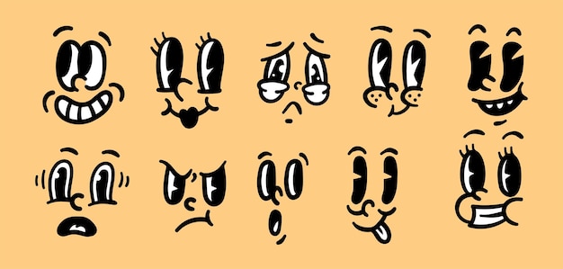 Vector set of unique cartoon face expressions with different emotions