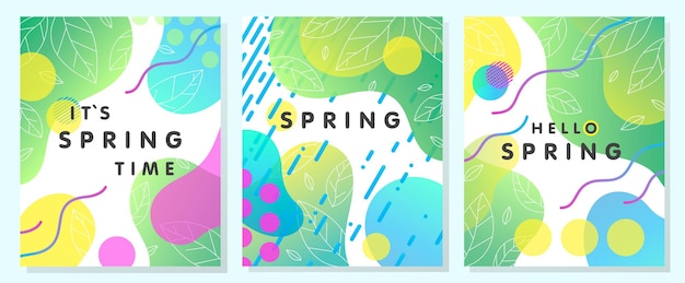 Set of unique spring cards with bright gradient tiny leaves,fluid shapes and geometric elements in memphis style.