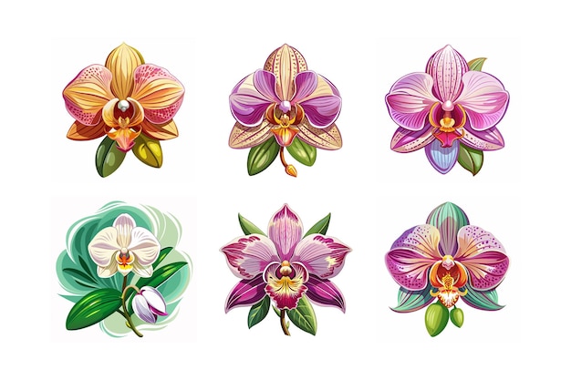 Set of unique style orchid flowers isolated vector illustration