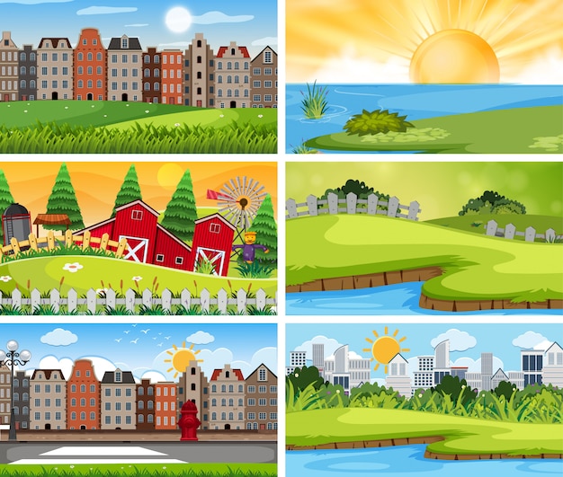 Set of urban and rural landscape