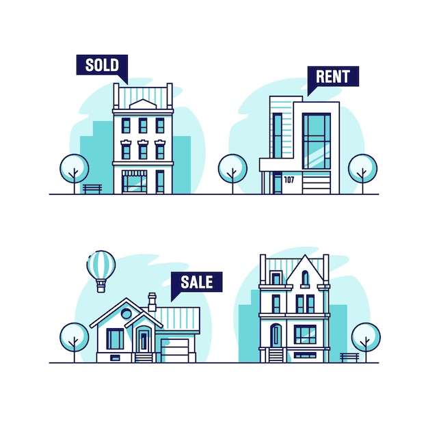 Set of urban and suburban houses. Real estate concept. 