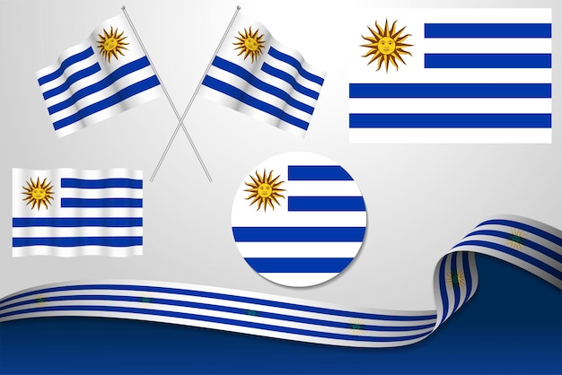 Set Of Uruguay Flags In Different Designs Icon Flaying Flags With ribbon With Background