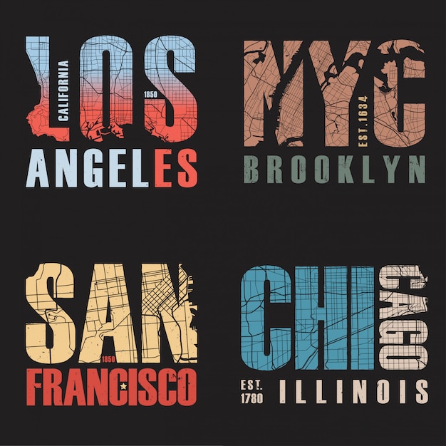 Set of us cities t-shirt designs. Vector illustration.