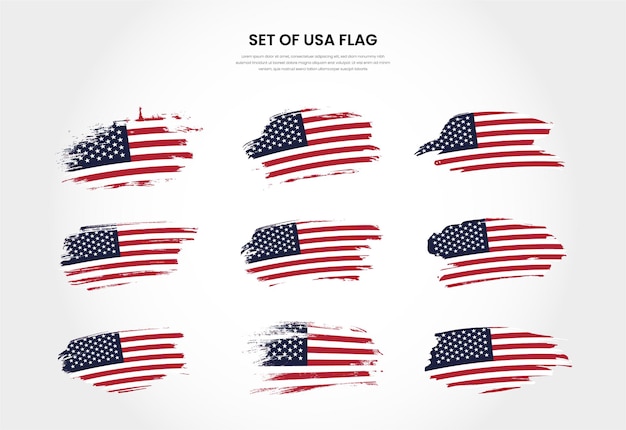 Set of USA country grunge brush stroke flags collection