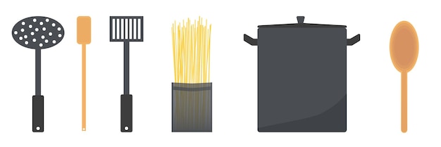 Set utensil and tools for cooking spaghetti vector flat illustration