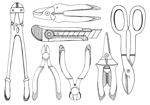 Set of utility knife, pliers, pincers, and pruning scissors.