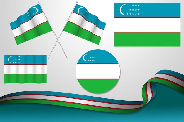 Set Of uzbekistan Flags In Different Designs Icon Flaying Flags With ribbon With Background