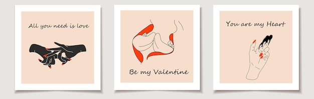 Set of Valentine's day cards Set of three Sexual gesture - Hand, finger simulating and lips