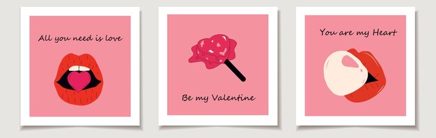 Set of Valentine's day cards with Set of three cute vector love stickers  lollipops, mouth ,lips. L