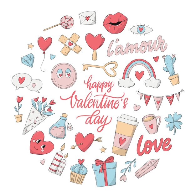 Set of Valentine's day doodles isolated on white background for posters, prints, cards, invitations