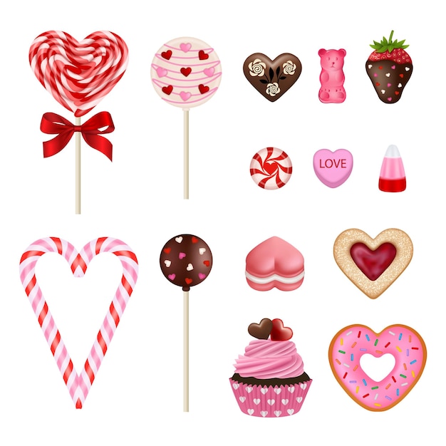 Vector set of valentine's day sweets. isolated valentine candies, cookies and cakes