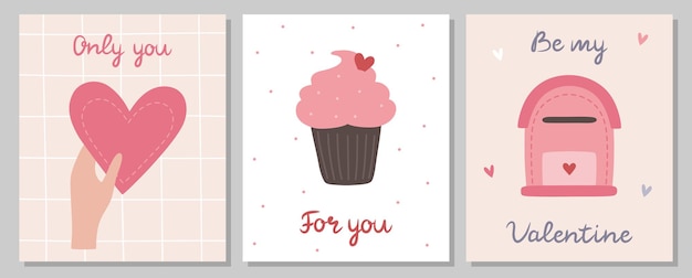 A set of Valentines Day cards A hand holds a heart a sweet cake a mailbox