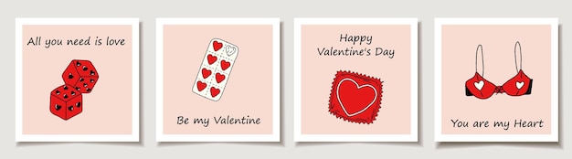 Set of Valentines day cards with Vintage stickers Love Valentines Day