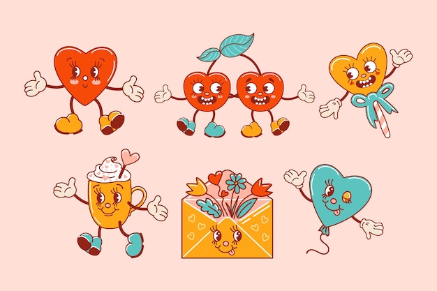 Vector set for valentines day characters in old retro cartoon style dancing funkygroovy cute hearts a cup of coffee a cherries in love a lollipop a congratulatory envelope with flowers a balloon