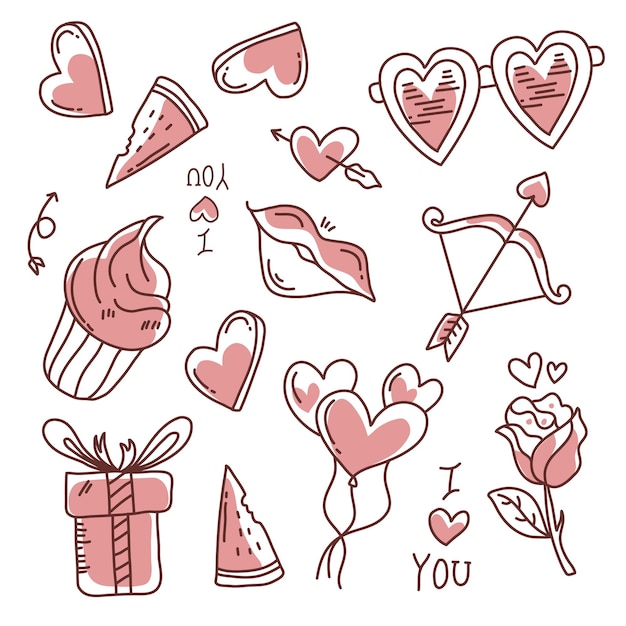 set of valentines day doodle style sticker decoration for happy valentines day