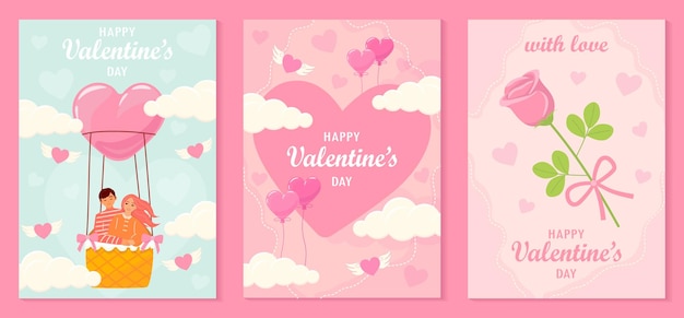 Set of Valentines day greeting cards with beautiful couple of woman and man embracing rose hearts