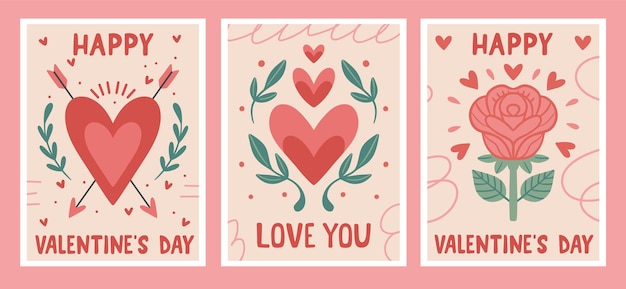 Set of Valentines Day Hand Drawn Greeting Cards Template with Romantic Illustrations