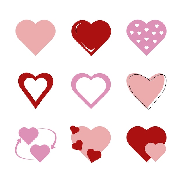 A set of valentines day red and pink hearts different shapes