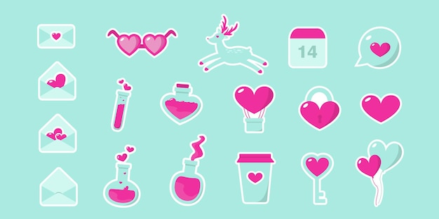 Set of valentines day symbols on turquoise background