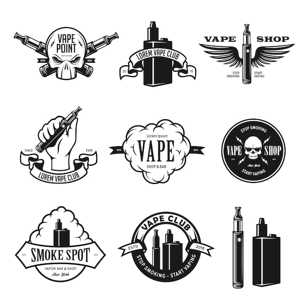 Vector set of vape ecigarette emblems labels prints and logos vector illustration