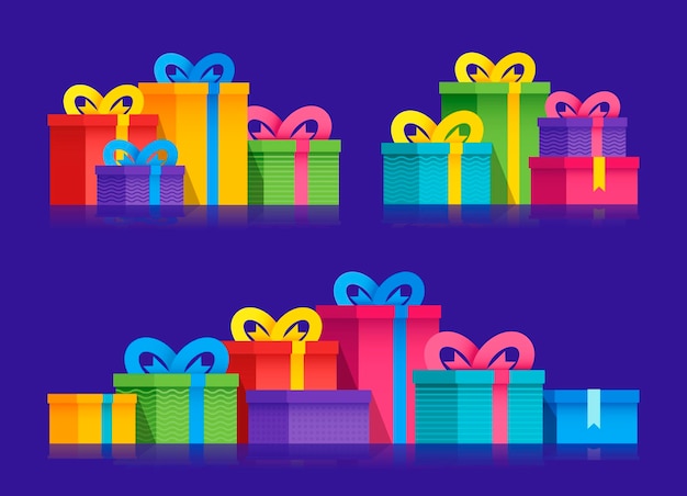 Set variety group gift boxes with ribbons and bows Vector flat illustration Colorful wrapped Colorful wrapped gift boxes isolated on white background