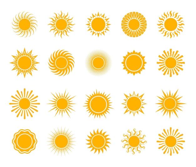 Set of variety of sun icons. Summer, sunlight, nature, sky.