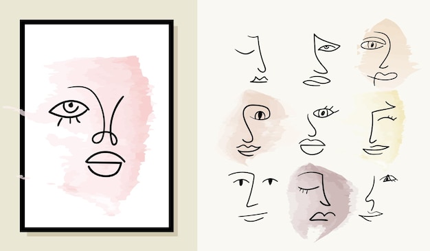 Set of various abstract hand drawn faces on watercolor background