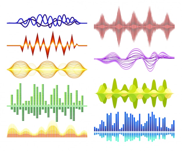  set of various abstract music waves. Sound vibrations. Digital equalizer. Audio technology