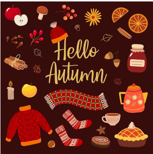 set of various autumn items isolated on transparent background mushrooms berries knitted scarf s