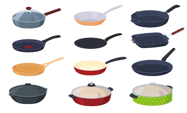 A set of various banyaks and pans for cooking Frying food in a pan Vector illustration