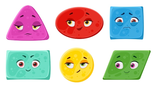 Set of various bright basic geometric shapes with face emotions Various forms Cute funny characters