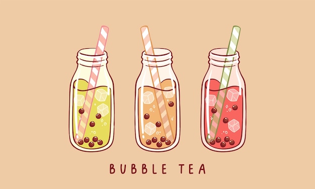 set of various bubble tea milk tea with tapioca pearls boba tea asian taiwanese drink