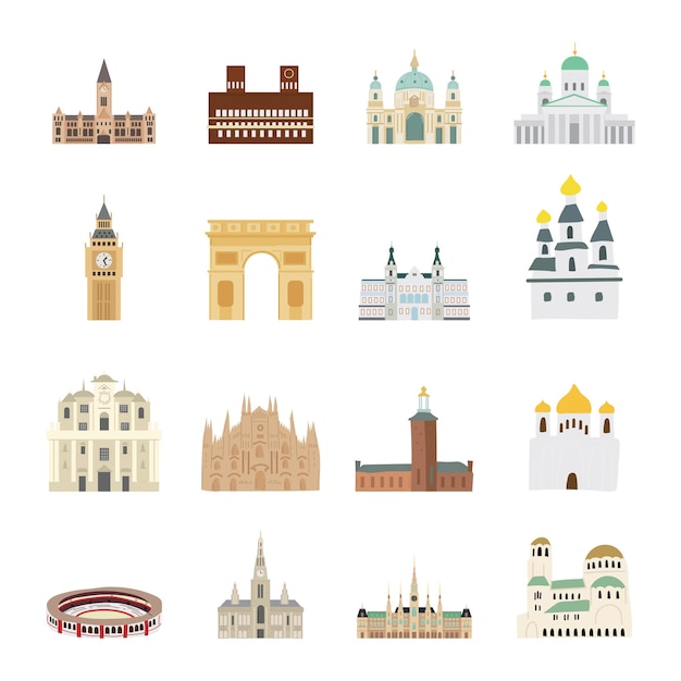 Set of various buildings of European architecture