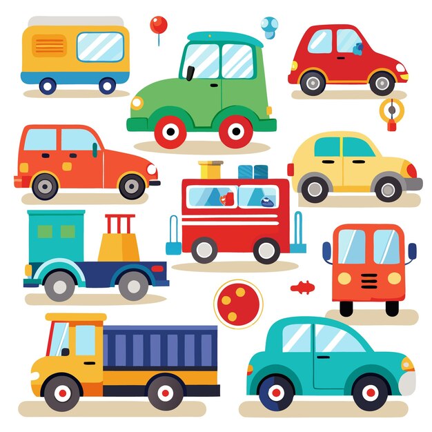 Vector set of various cartoon transportation vehicles like cars bus truck and van isolated on white background