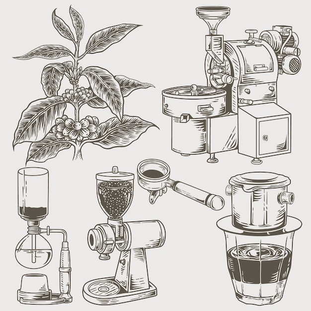 Set of various coffee machines and tools