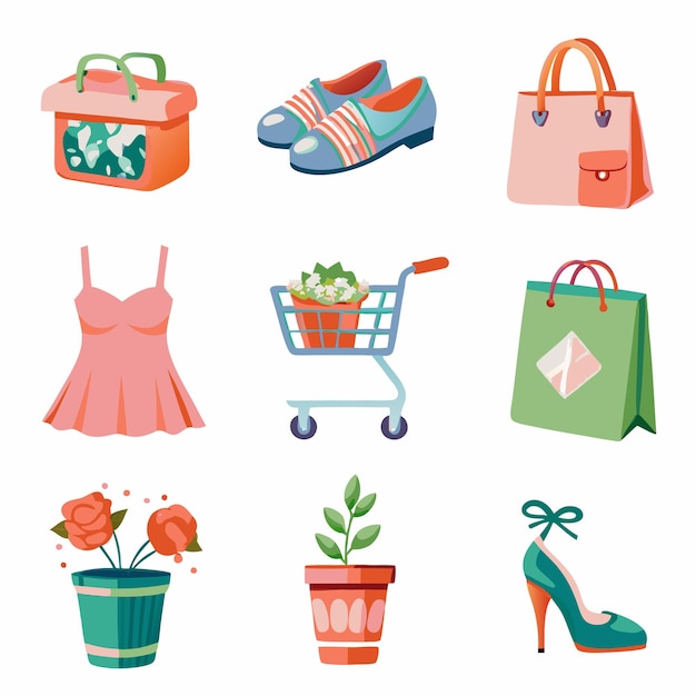 Set of various colorful fashion and shopping elements shoes bags dress plants flowers shopping cart