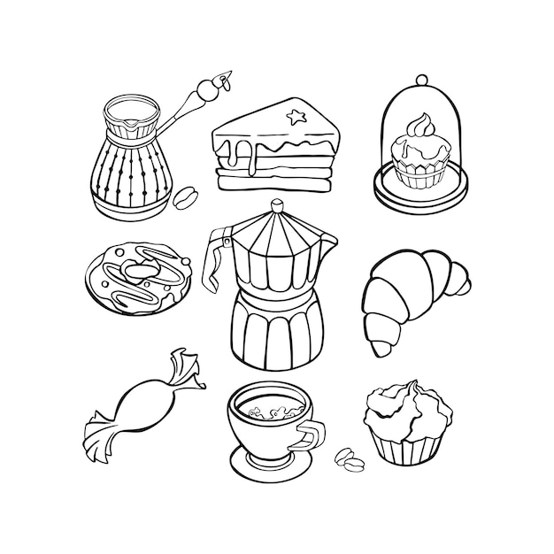 Set of various cups with tea or coffee coffee pots teapots vector line