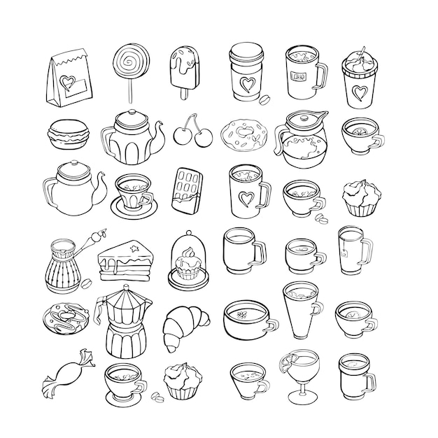 Set of various cups with tea or coffee coffee pots teapots vector line