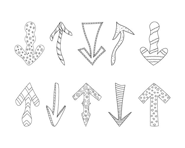 A set of various doodle arrows decorated with circles, squares, dots, lines, hearts and wavy lines