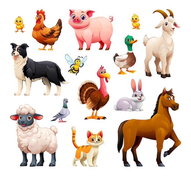 Vector set of various farm animals including turkey sheep goat and horse vector cartoon illustration