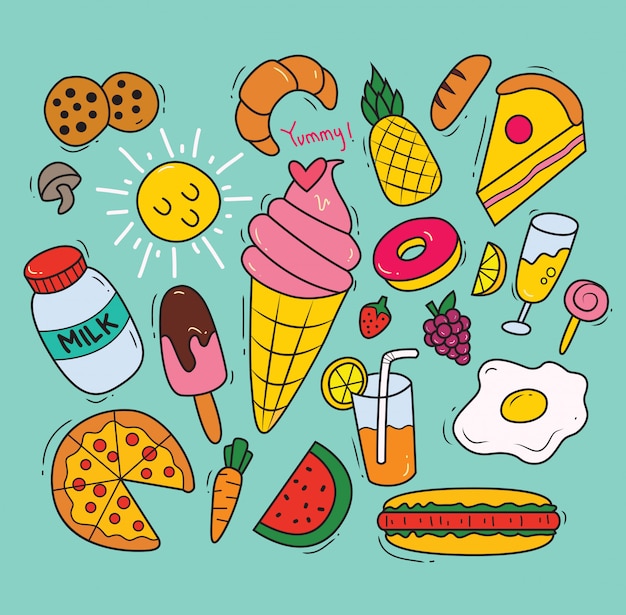 set of various food in doodle style