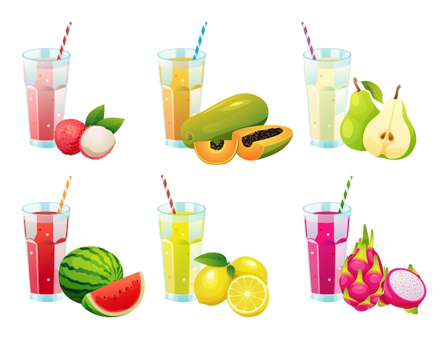 Set of various fresh fruit juices in glasses illustration