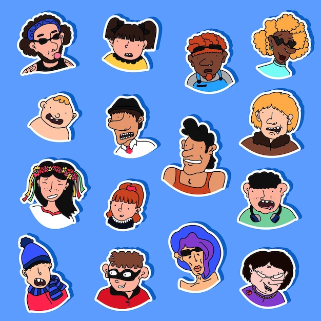 Vector set of various hand drawn doodle stickers with cartoon people - children, teens, adults, seniors.