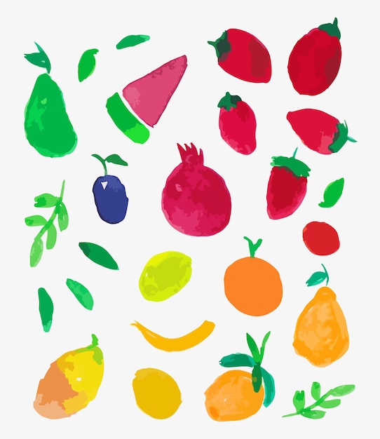 Set of various healthy fruits Watercolor icons for web design isolated on white background