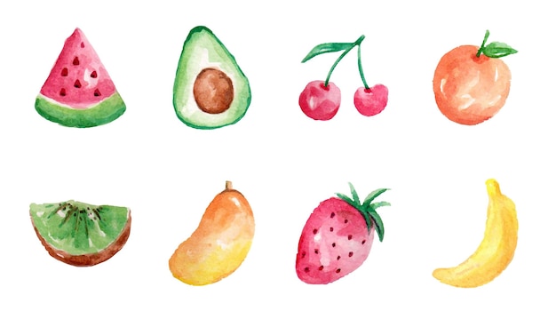 Set of various isolated watercolor fruits