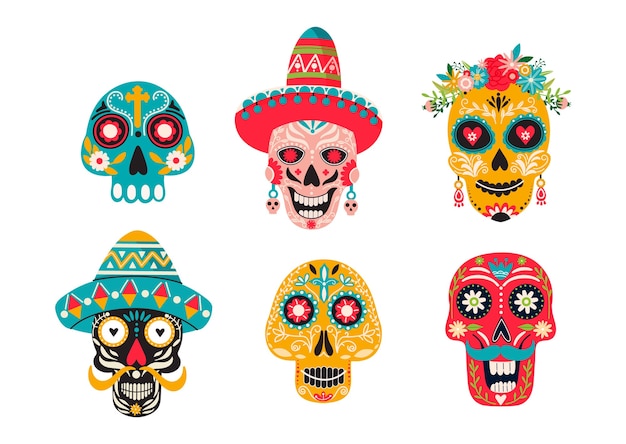 Set of various mexican skulls with ornaments.