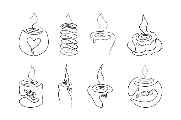 Set of various minimalistic continuous line burning candles for the logo Candle in one line style