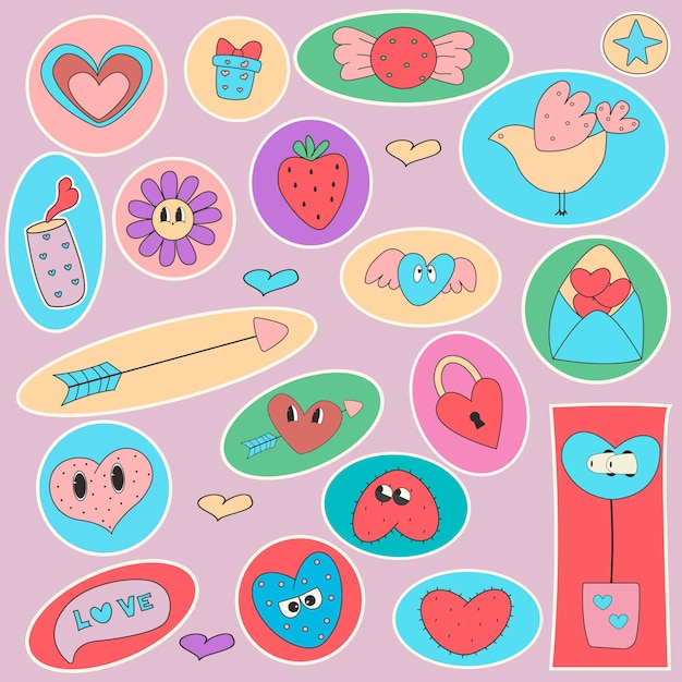 Set of various patches pins stamps or stickers set of vector love icon sticker funny cute comic