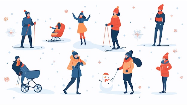 Vector set of various people having fun at winter flat vector illustrations of family making snowman